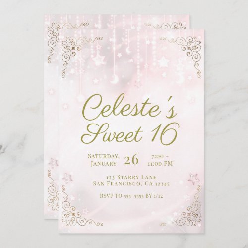 Pink Glow  Gold Celestial Sparkle Sweet 16 Party Invitation