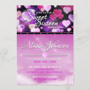 Pink Glow Hearts Sweet 16 Birthday Invitations