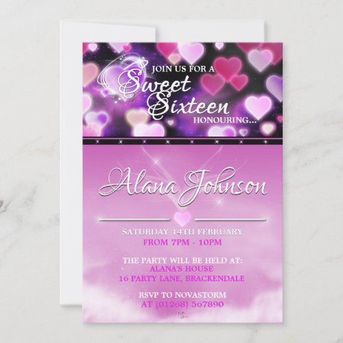 Pink Glow Hearts Sweet 16 Birthday Invitations