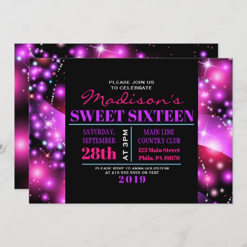 PINK GLOWING STARS Sweet Sixteen 16 Invitation