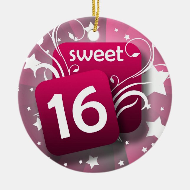 Pink Glowing Swirls and Stars Sweet 16 Ceramic Ornament (Front)