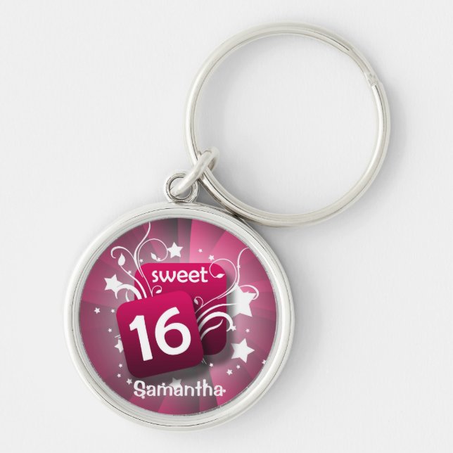 Pink Glowing Swirls Sweet 16 Personalized Keychain (Front)