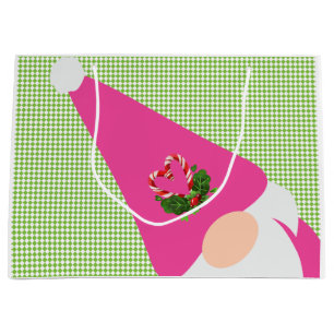 pink gnome christmas green checker fun festive large gift bag