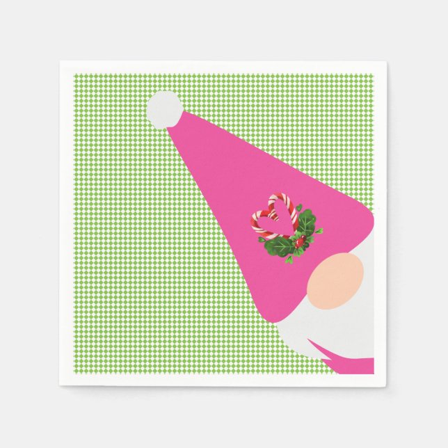 pink gnome christmas green checker fun festive napkins (Front)
