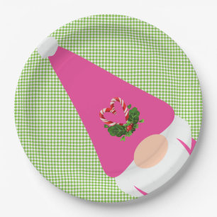 pink gnome christmas green checker fun festive paper plates