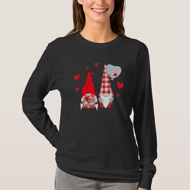 Pink Gnome Love Plaid Heart Balloons Valentine's D T-Shirt (Front)