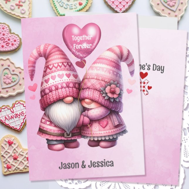 Pink Gnome Valentine Couple Flat Holiday Card (Creator Uploaded)