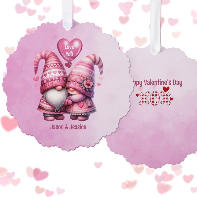 Pink Gnome Valentine Couple Flat Ornament Card (Creator Uploaded)