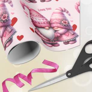 Pink Gnome Valentine Couple Wrapping Paper