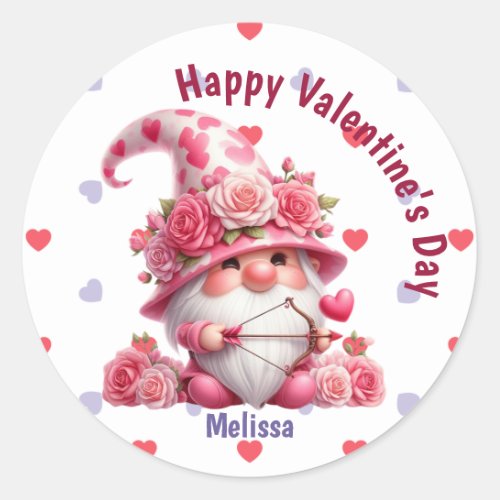 Pink Gnome Valentine Cupid Classic Round Sticker