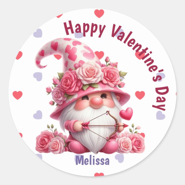Pink Gnome Valentine Cupid Classic Round Sticker (Front)