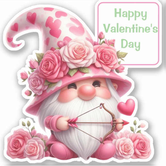 Pink Gnome Valentine Cupid Contour Sticker (Front)