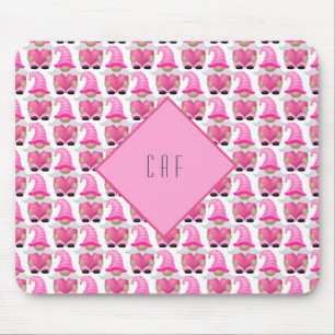 Pink Gnomes Hearts Monogram Woodland Cute Mouse Pad