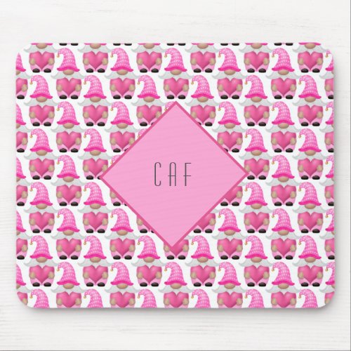 Pink Gnomes Hearts Monogram Woodland Cute Mouse Pad