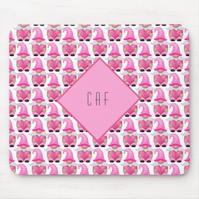 Pink Gnomes Hearts Monogram Woodland Cute Mouse Pad (Front)