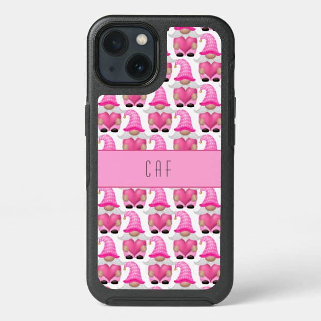 Pink Gnomes Hearts Monogram Woodland Cute Otterbox iPhone Case (Back)