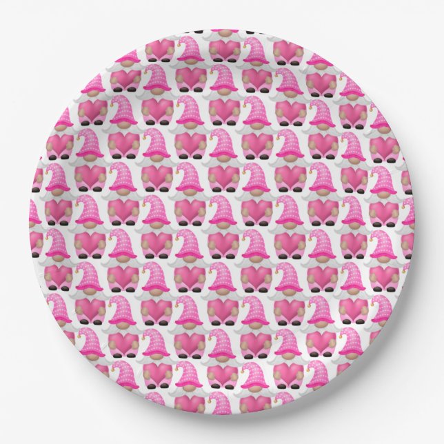 Pink Gnomes Hearts Woodland Scandinavian Cute Paper Plates (Front)