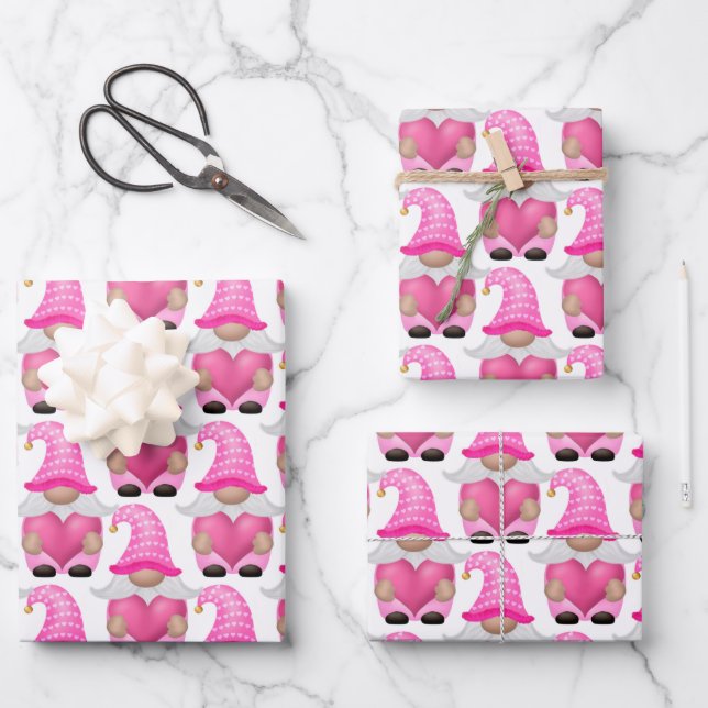 Pink Gnomes Hearts Woodland Scandinavian Cute  Wrapping Paper Sheets (Front)