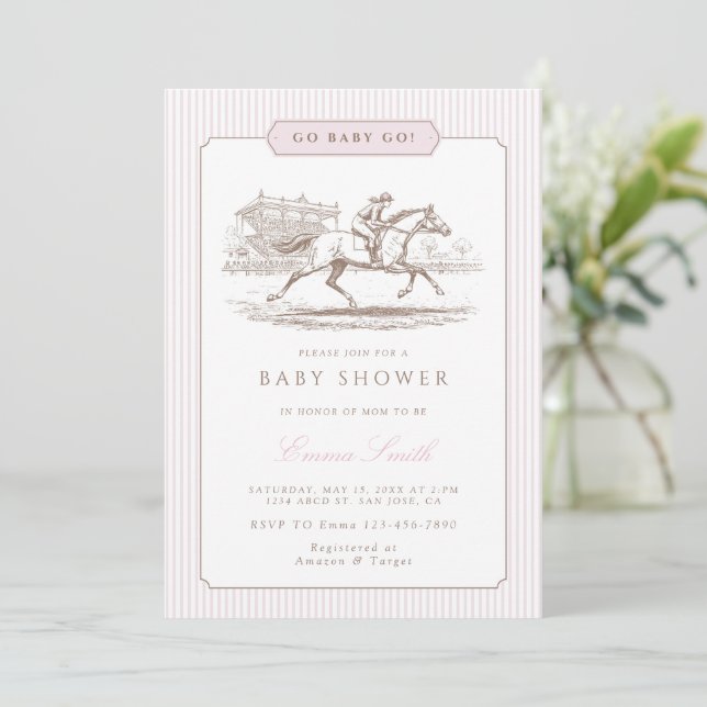 Pink Go Baby Go Derby Baby Shower Preppy Classic  Invitation (Standing Front)