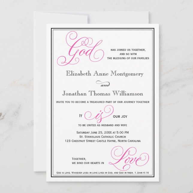 Pink God is Love Christian Wedding Invitation (Front)
