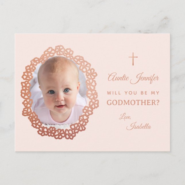 Pink Godmother Proposal Girl Photo & Floral Wreath Holiday Postcard (Front)