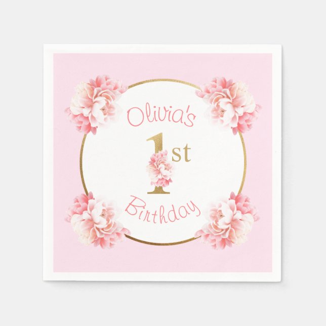 Pink & Gold 1st Birthday Girl Floral Party Napkins (Front)