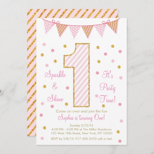 Pink  Gold 1st Birthday Invitation