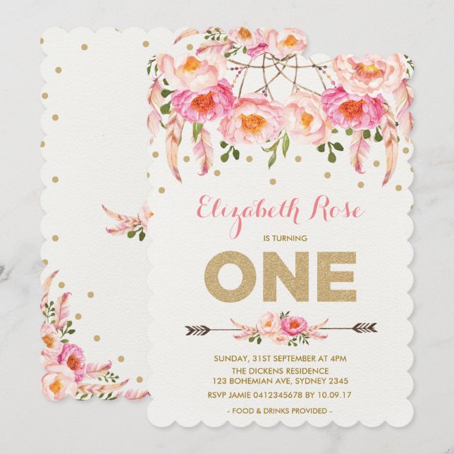 Pink Gold 1st Birthday Invite Floral Dreamcatcher (Front/Back)