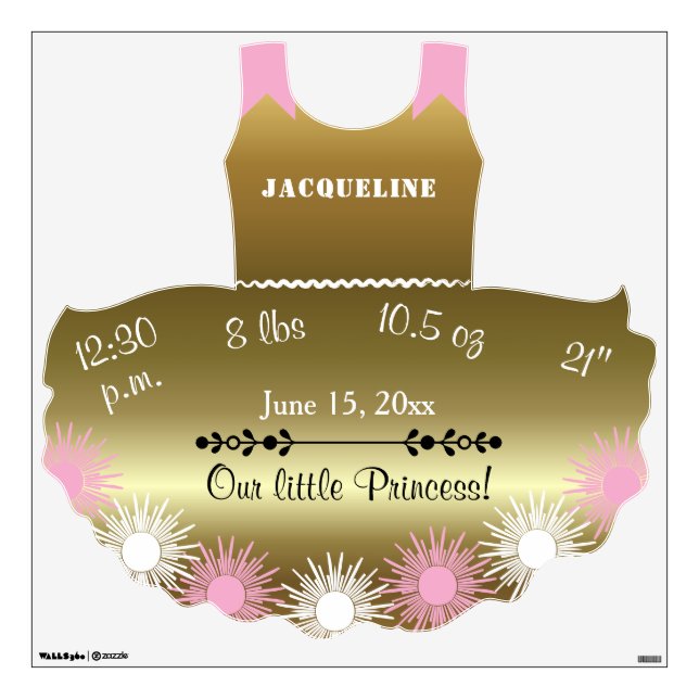 Pink Gold 30x30 Princess Dress Birth Stats Wall Decal (Front)