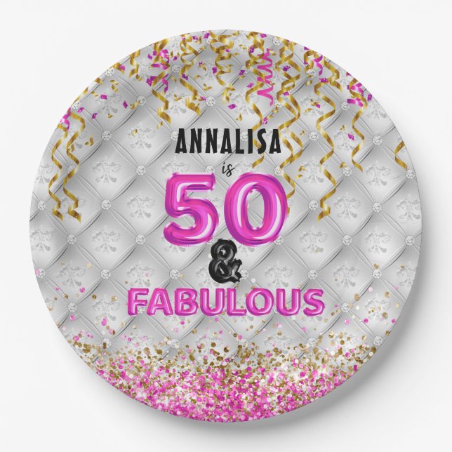 Pink Gold 50 Fabulous 50th Birthday Paper Plates (Front)