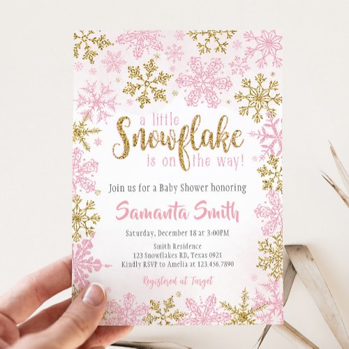 Pink Gold A Little Snowflakes is on the way Invitation