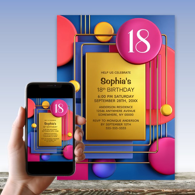 Pink Gold Abstract 18th Birthday Party Invitation (Creator Uploaded)