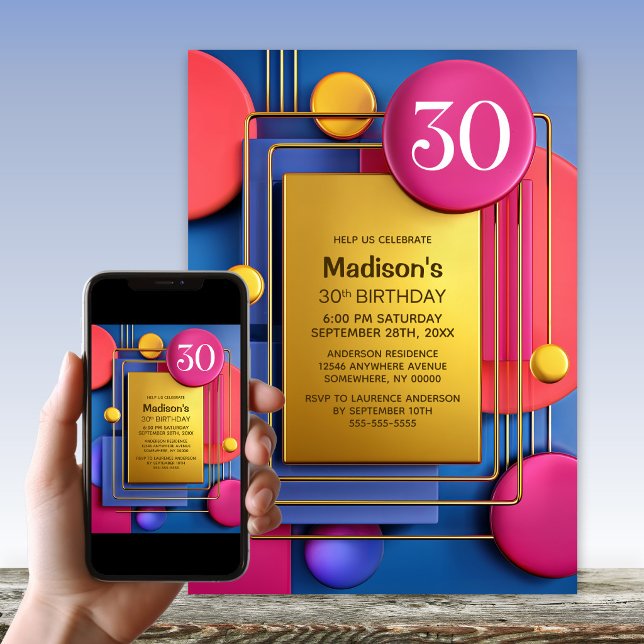 Pink Gold Abstract 30th Birthday Party Invitation (Creator Uploaded)