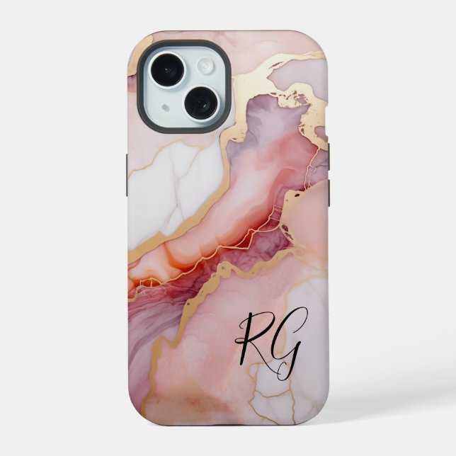 Pink Gold Abstract Marble Monogram Iphone Case (Back)