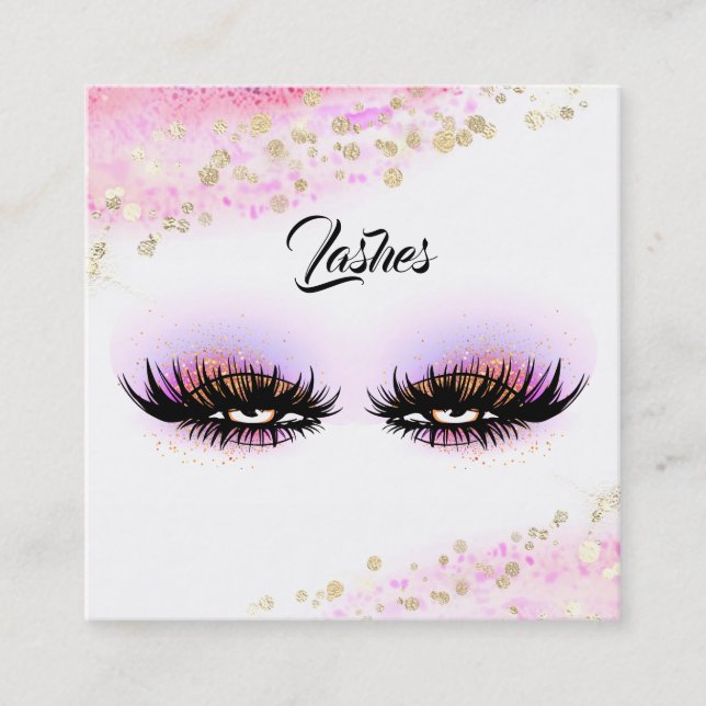 *~* Pink Gold Abstract Pastel Glitter Lashes Square Business Card (Front)