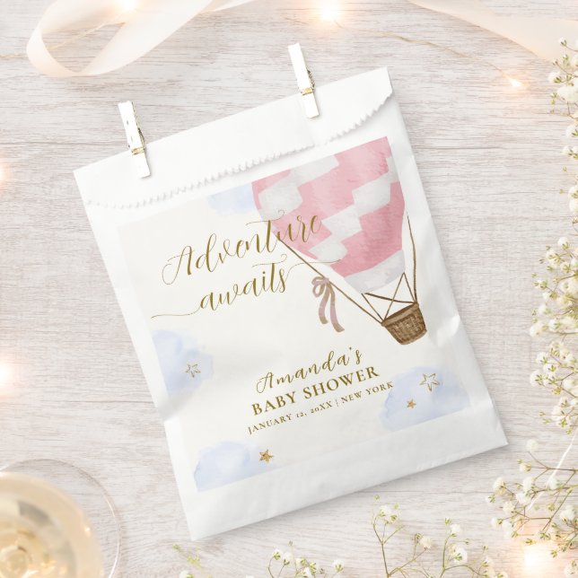 Pink Gold Adventure Hot Air Balloon Baby Shower  Favor Bag (Clipped)