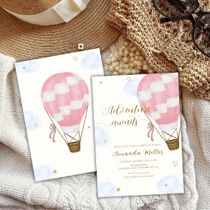 Pink Gold Adventure Hot Air Balloon Baby Shower Invitation