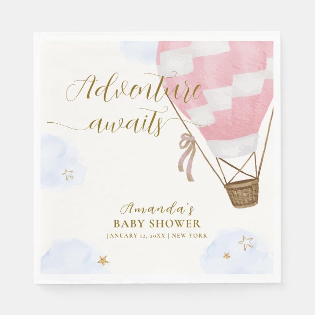 Pink Gold Adventure Hot Air Balloon Baby Shower  Napkins (Front)