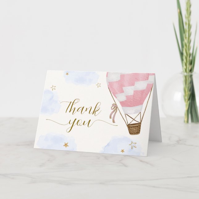 Pink Gold Adventure Hot Air Balloon Baby Shower  Thank You Card (Front)