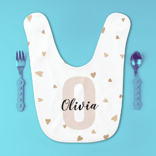Pink Gold Aesthetic Monagram Name with Hearts Baby Bib