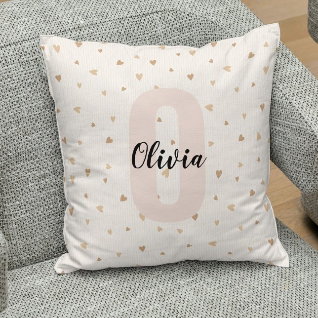 Pink Gold Aesthetic Monagram Name with Hearts Throw Pillow (Creator Uploaded)