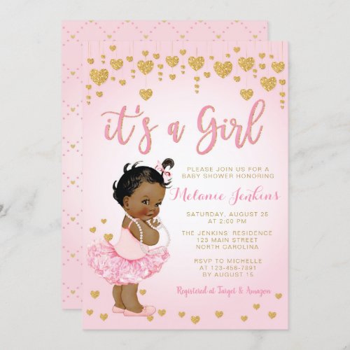 Pink Gold African American Baby Shower Invitation
