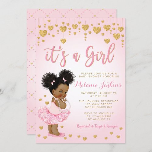 Pink Gold African American Baby Shower Invitation