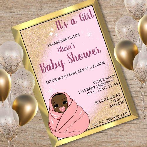 Pink  Gold African American Girl Baby Shower Invitation