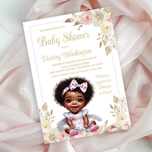 Pink Gold African American Girl Baby Shower  Invitation