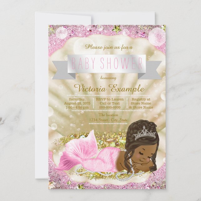 Pink Gold African American Mermaid Baby Shower Invitation (Front)