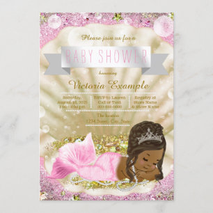 Pink Gold African American Mermaid Baby Shower Invitation