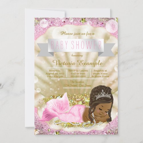 Pink Gold African American Mermaid Baby Shower Invitation