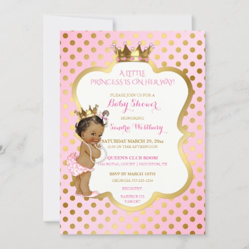 Pink  Gold African American Princess Baby Girl Invitation