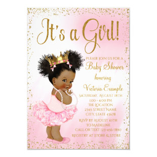 Pink Gold African American Princess Baby Shower Card